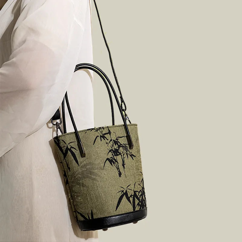 Ink Bamboo Printed Green Bucket Bag with Leather Strap