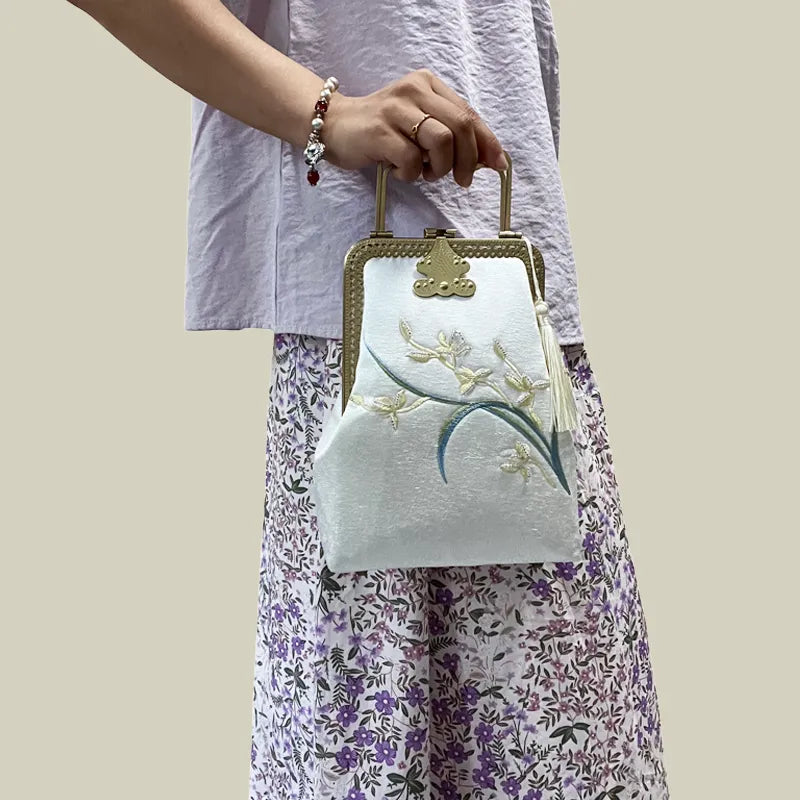 Orchid Embroidered Vintage White Evening Bag With Metal Handle