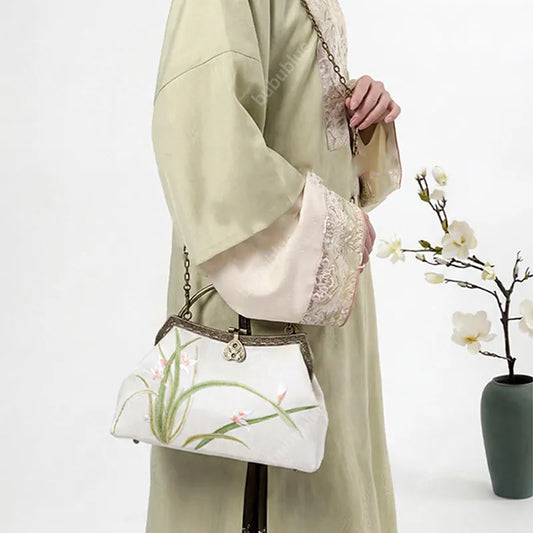 Orchid Embroidery White Handbag With Round Metal Handles