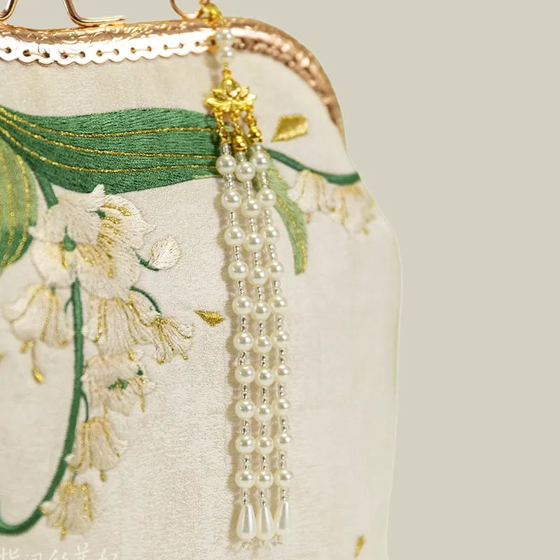 Lily of the Valley Embroidered Kiss-Lock White Handbag with Pearl Tassel