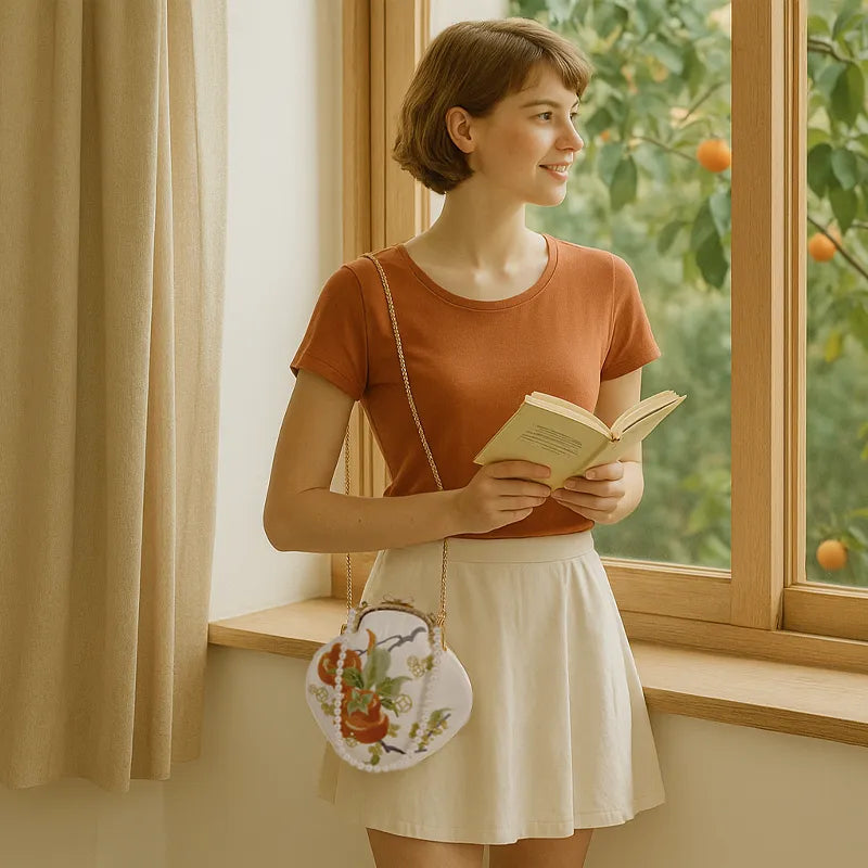 Persimmon Embroidered Pearl Chain Kiss-Lock Crossbody Bag