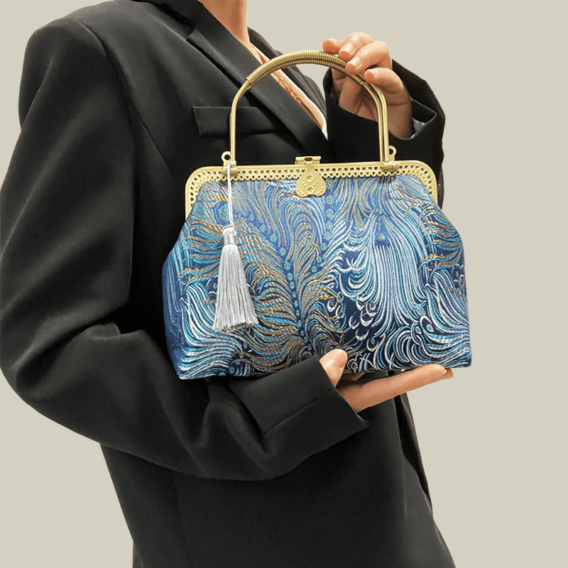 Peacock Blue Brocade Texture & Metal Handle Handbag