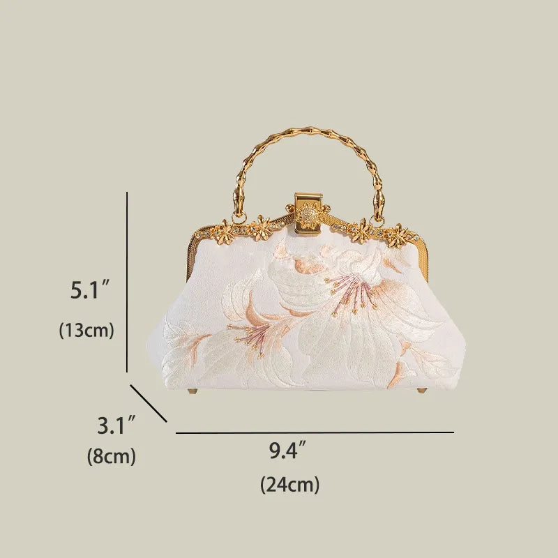 Lily Embroidered Pearl Chain Handbag with Metal Handle