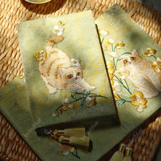 Embroidered Cute Cat Vintage Embroidered Original Handmade Book Sleeve Notebook/Journal (A5)