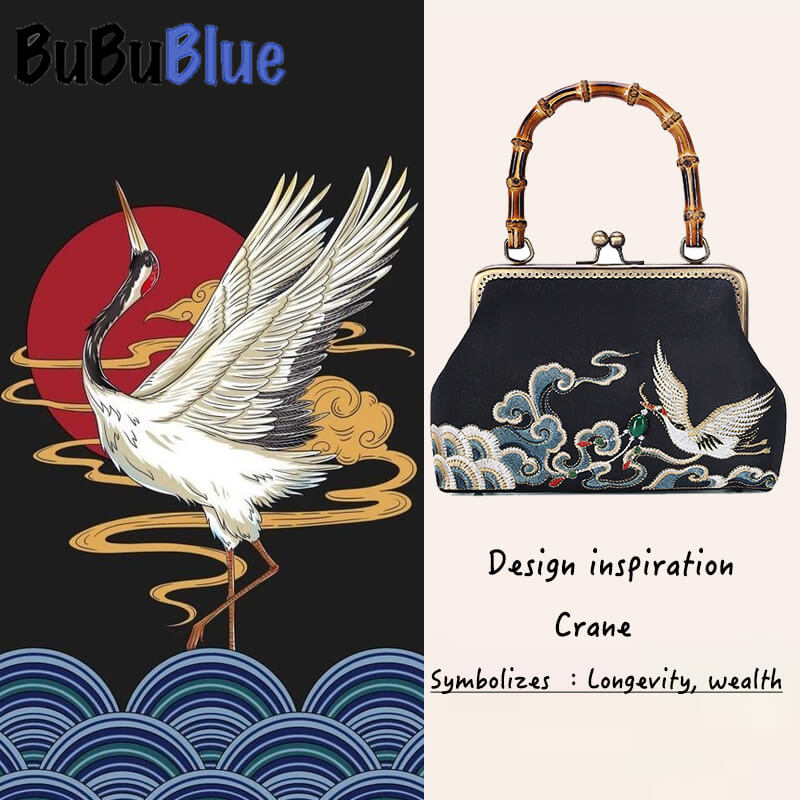 Embroidered Crane Handbag with Metal Kiss Lock