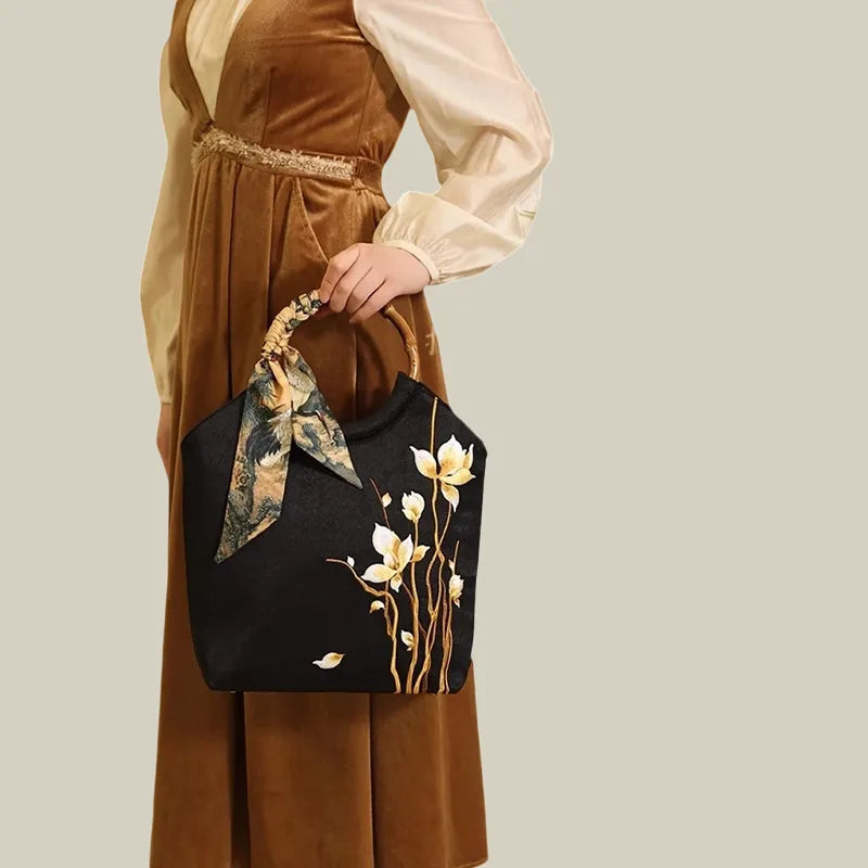 Floral Embroidered Tote Bag with Bamboo Handle & Silk Scarf