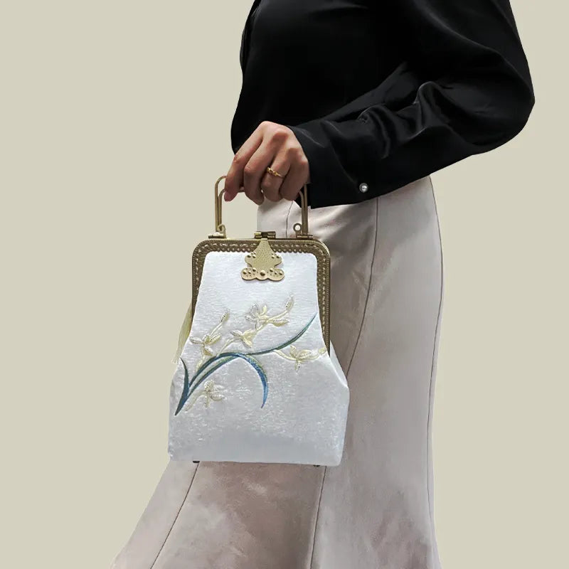 Orchid Embroidered Vintage White Evening Bag With Metal Handle