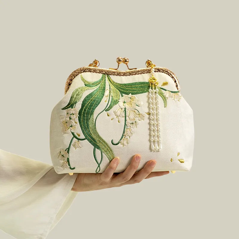Lily of the Valley Embroidered Kiss-Lock White Handbag with Pearl Tassel