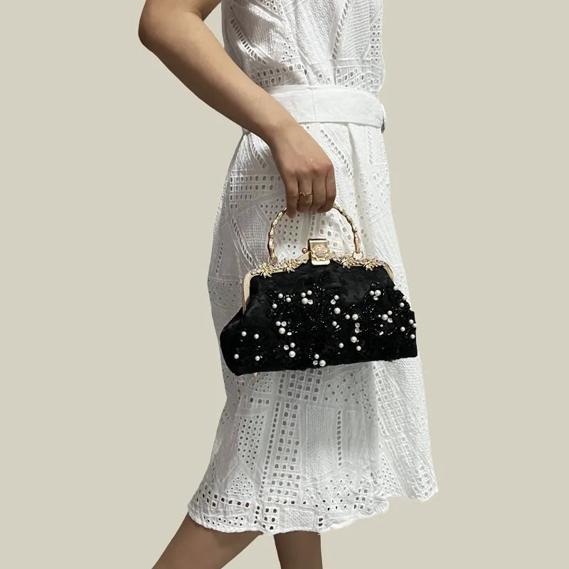 White Floral Embroidery Evening Handbag