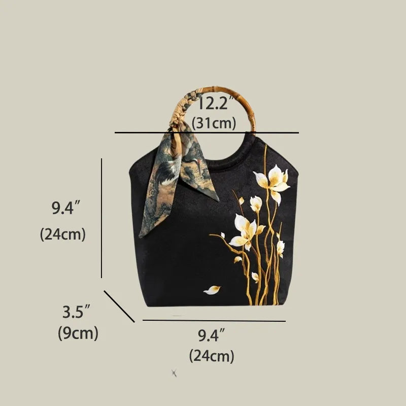 Floral Embroidered Tote Bag with Bamboo Handle & Silk Scarf