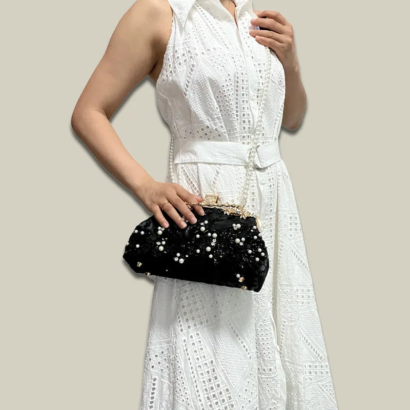 White Floral Embroidery Evening Handbag