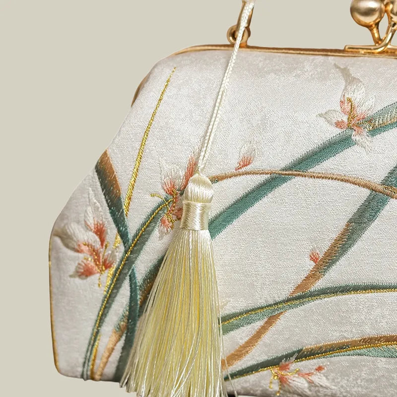 Orchid Bloom Embroidered Kiss-Lock Handbag with Pearl Handle