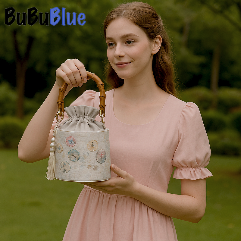 Floral Embroidered Satin Bucket Bag with Bamboo Handle