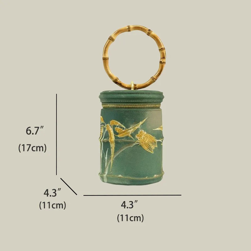 Cicada Song Embroidered Green Mini Bucket Bag