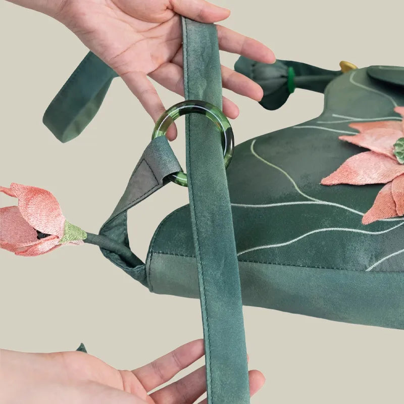 Green Lotus Embroidered Shoulder Bag