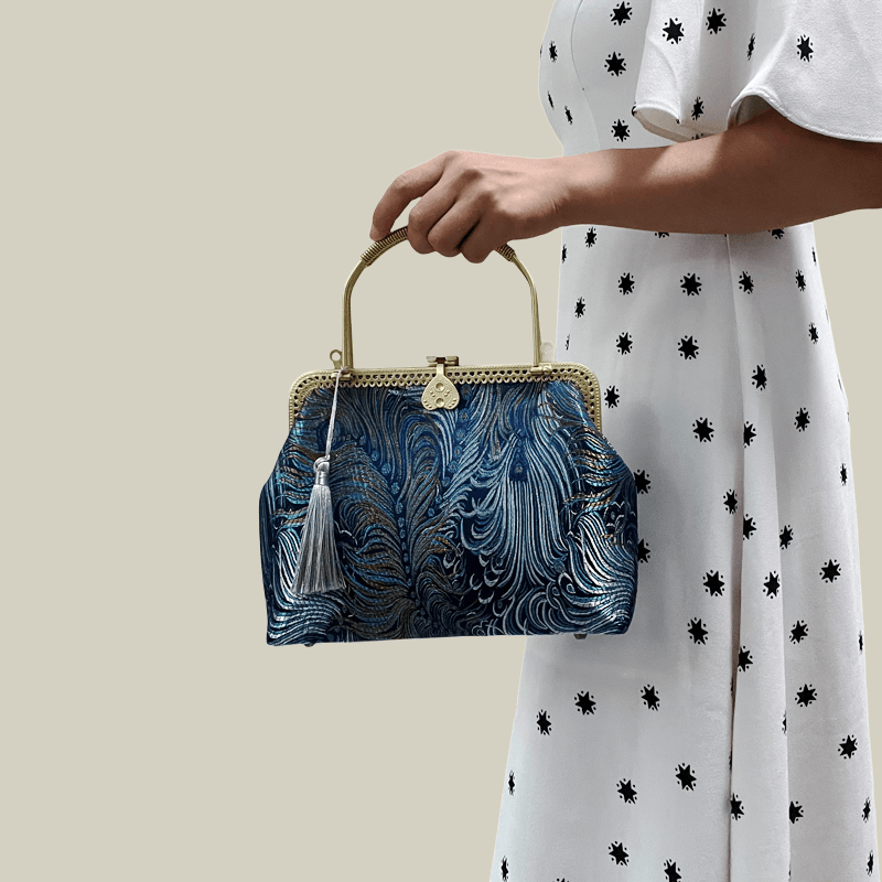 Peacock Blue Brocade Texture & Metal Handle Handbag