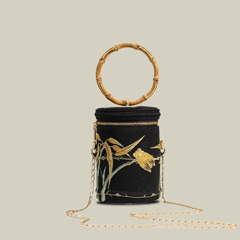 Cicada Song Embroidered Green Mini Bucket Bag