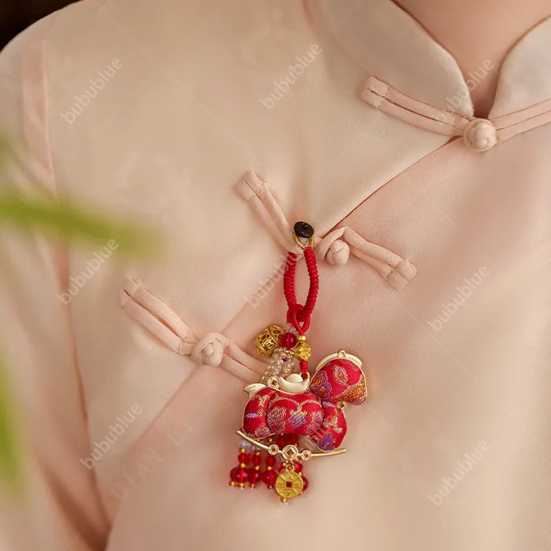 Song Brocade Horse-Shaped Sachet Keychain/Bag Charm With Hollow Aromatherapy Ball