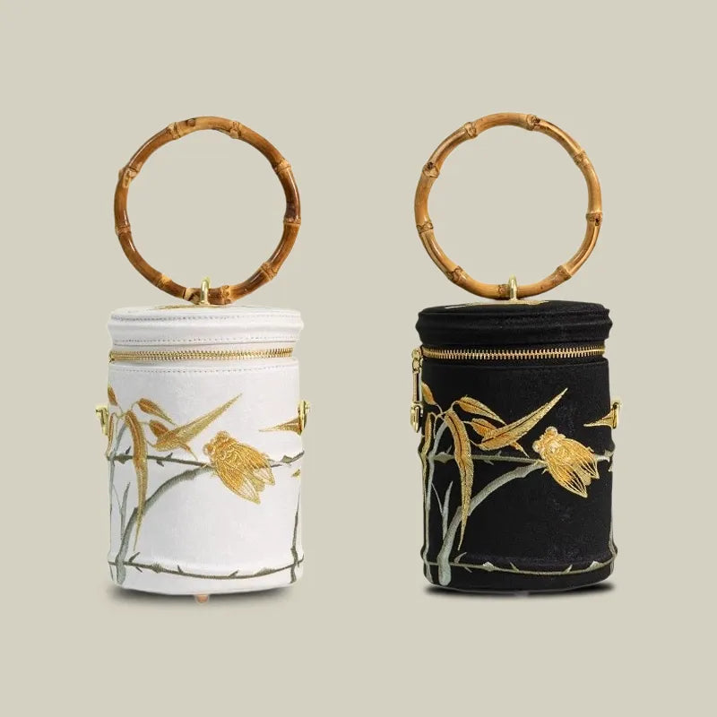 Cicada Song Embroidered Green Mini Bucket Bag