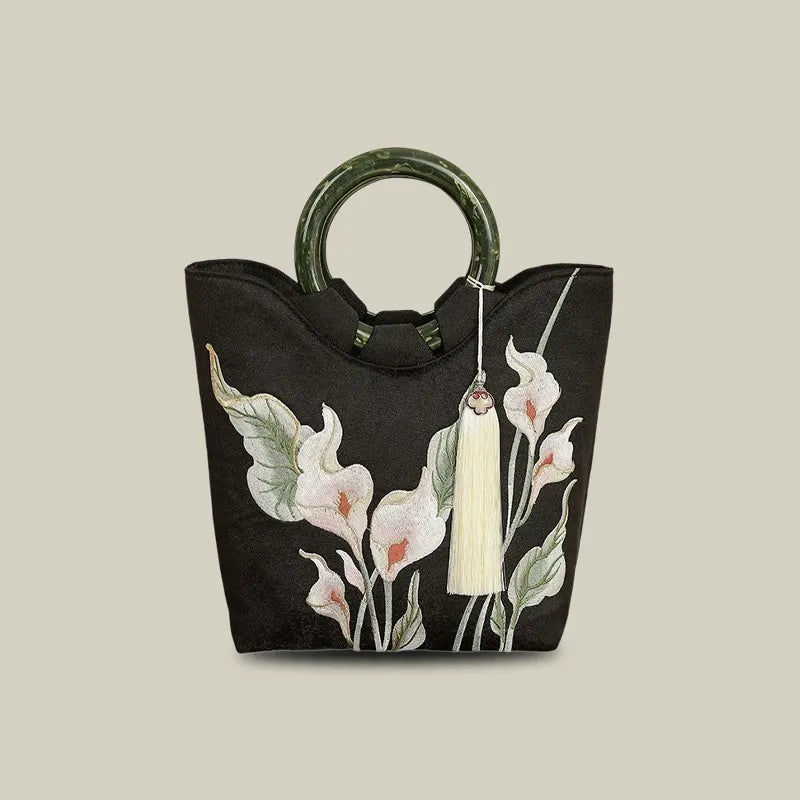 Calla Lily Embroidered Tote Bag with Vintage Green Acrylic Handle