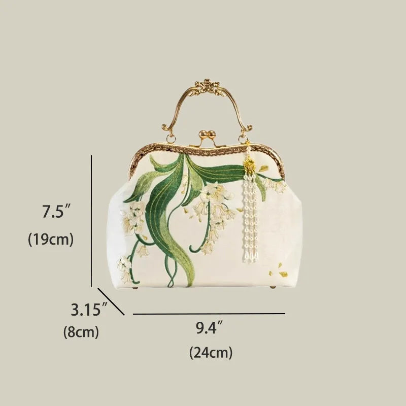 Lily of the Valley Embroidered Kiss-Lock White Handbag with Pearl Tassel