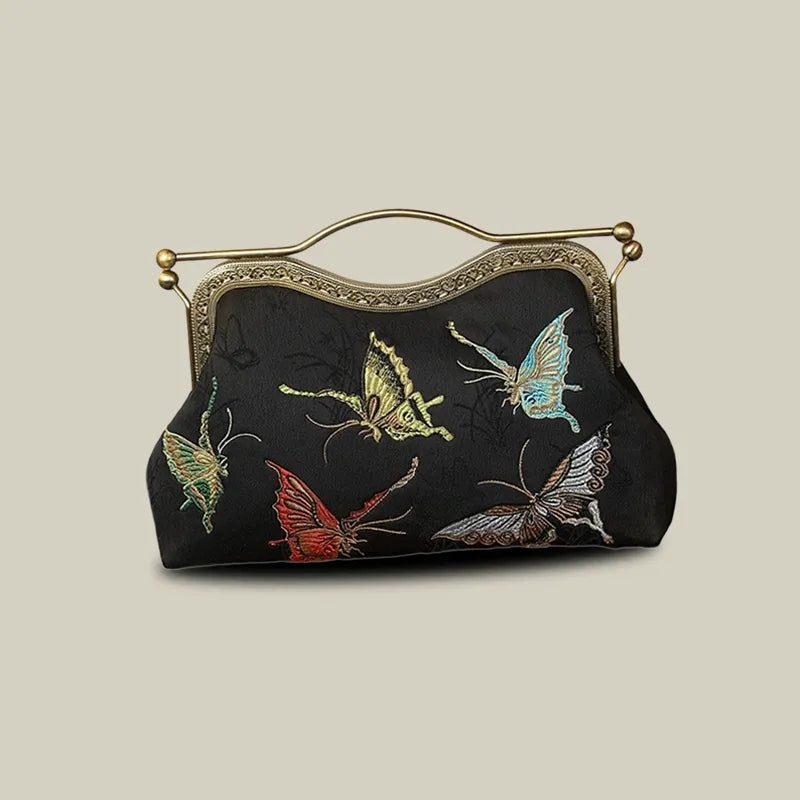 Vintage Butterfly Embroidered Handbag with Metal Kiss-Lock