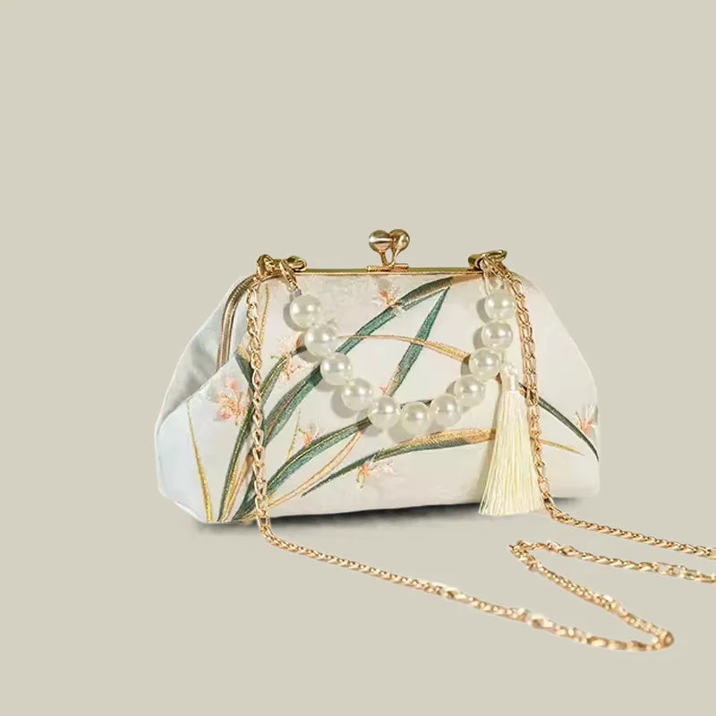 Orchid Bloom Embroidered Kiss-Lock Handbag with Pearl Handle