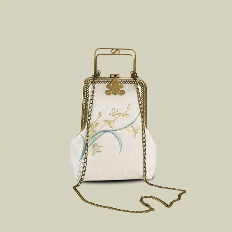 Orchid Embroidered Vintage White Evening Bag With Metal Handle