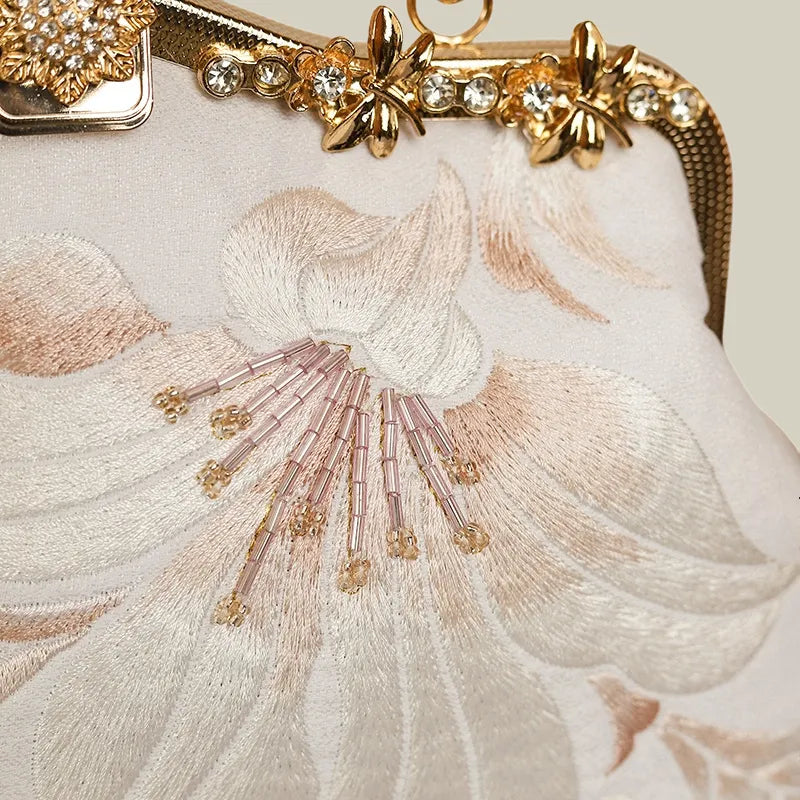 Lily Embroidered Pearl Chain Handbag with Metal Handle