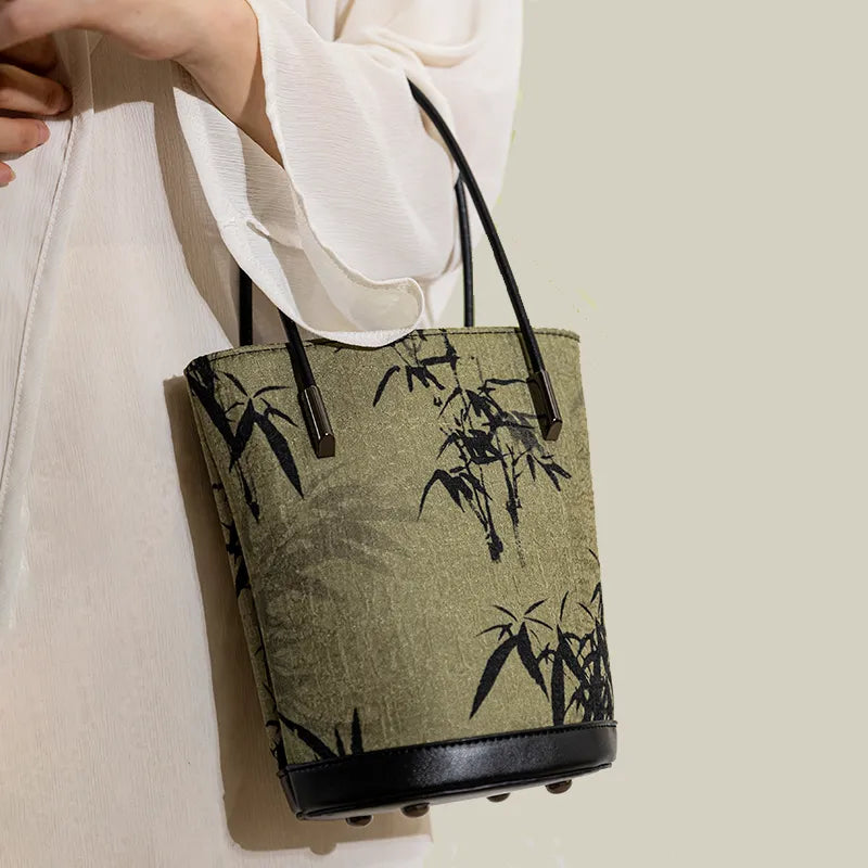 Ink Bamboo Printed Green Bucket Bag with Leather Strap