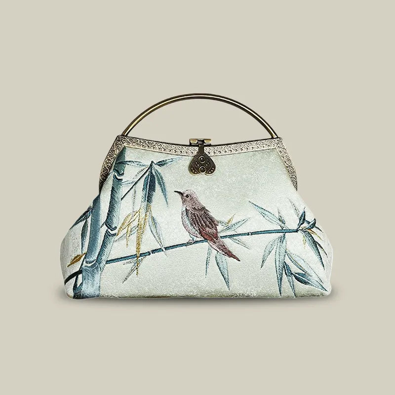 Magpie and Bamboo Embroidered Handbag with Metal Handle