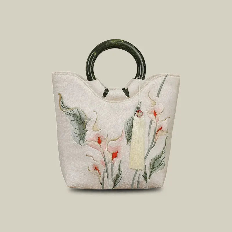 Calla Lily Embroidered Tote Bag with Vintage Green Acrylic Handle