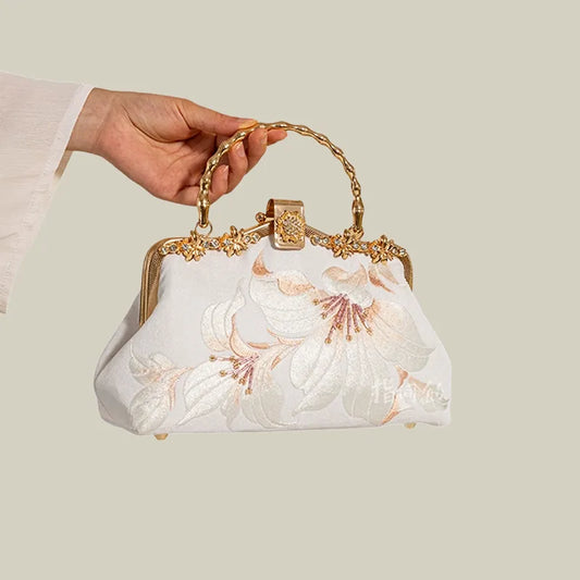Lily Embroidered Pearl Chain Handbag with Metal Handle