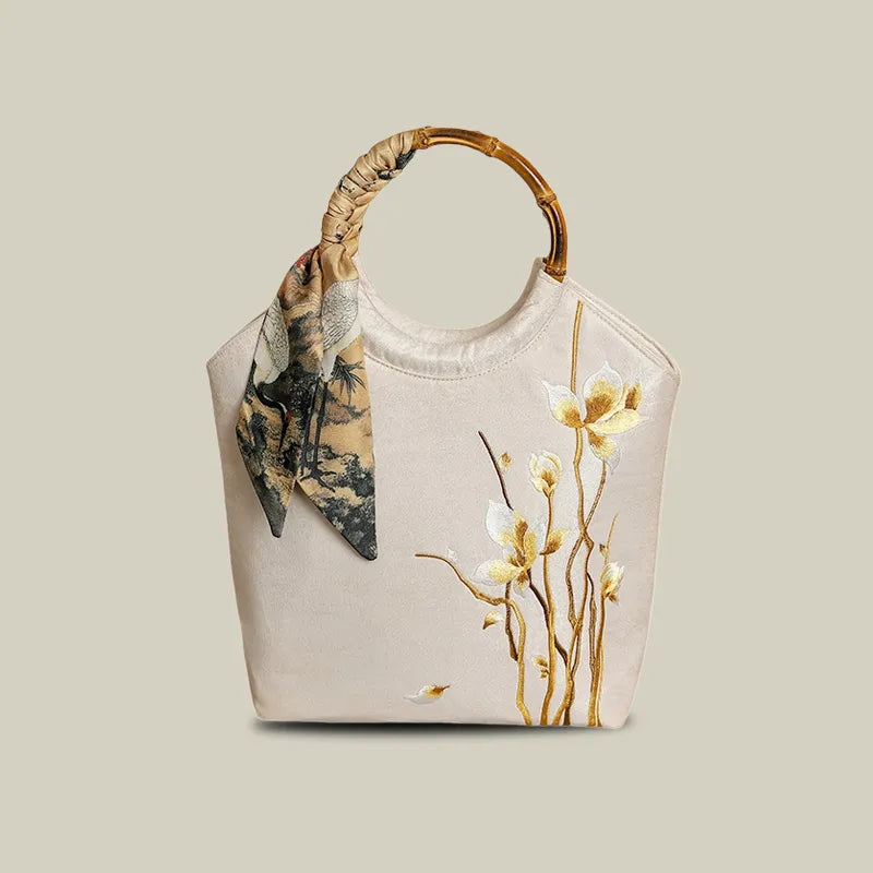 Floral Embroidered Tote Bag with Bamboo Handle & Silk Scarf