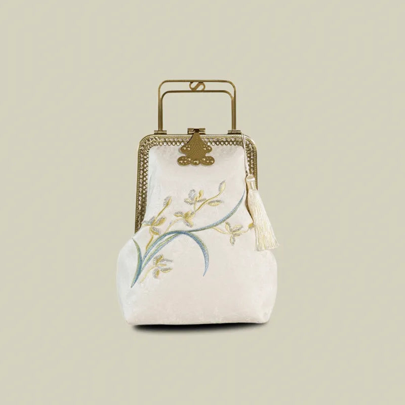 Orchid Embroidered Vintage White Evening Bag With Metal Handle