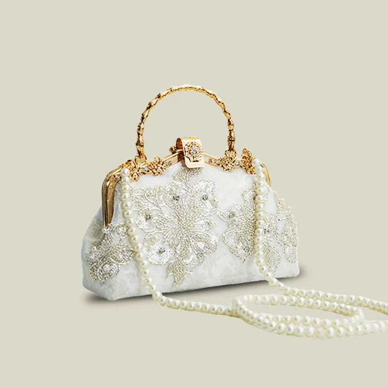 White Floral Embroidery Evening Handbag