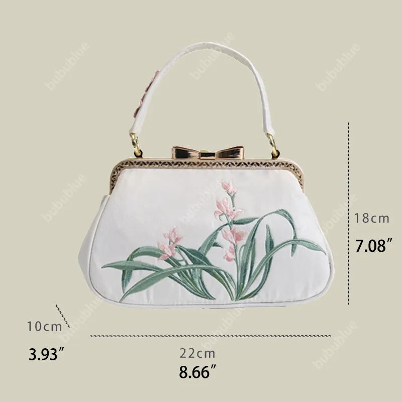 Vintage Orchid Embroidered Handbag with Metal Butterfly Lock