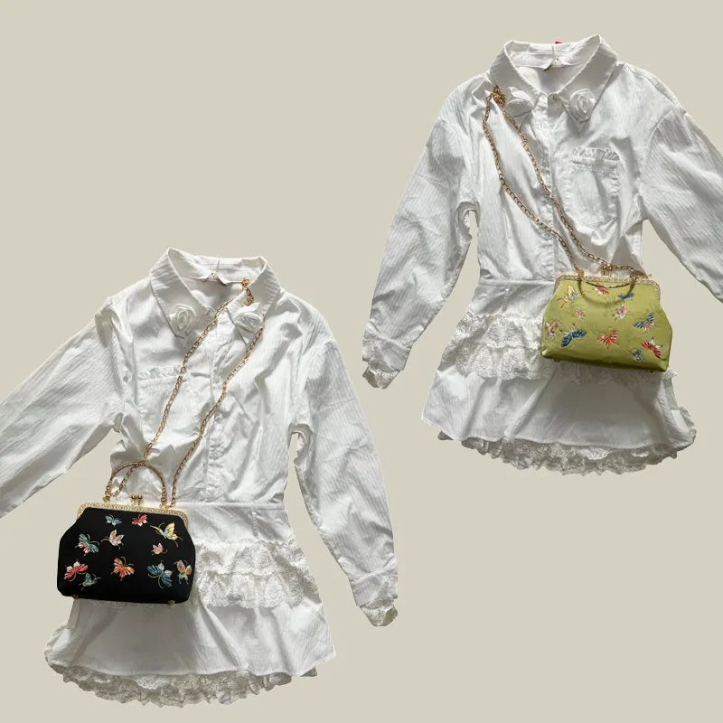 Butterfly Garden Embroidered Handbag with Vintage Metal Kiss-Lock