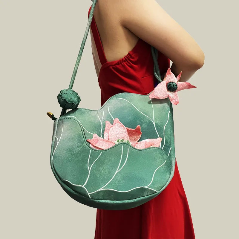 Green Lotus Embroidered Shoulder Bag