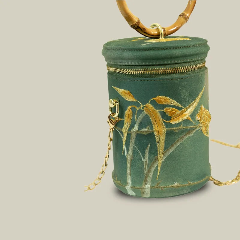 Cicada Song Embroidered Green Mini Bucket Bag