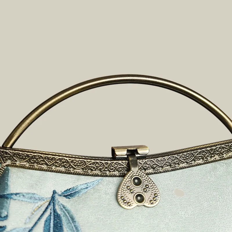 Magpie and Bamboo Embroidered Handbag with Metal Handle