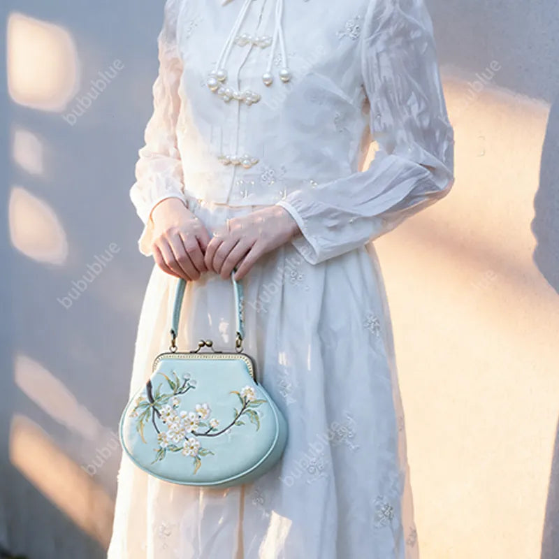 Vintage Pear Blossom Embroidered Shell Handbag with Kiss Lock