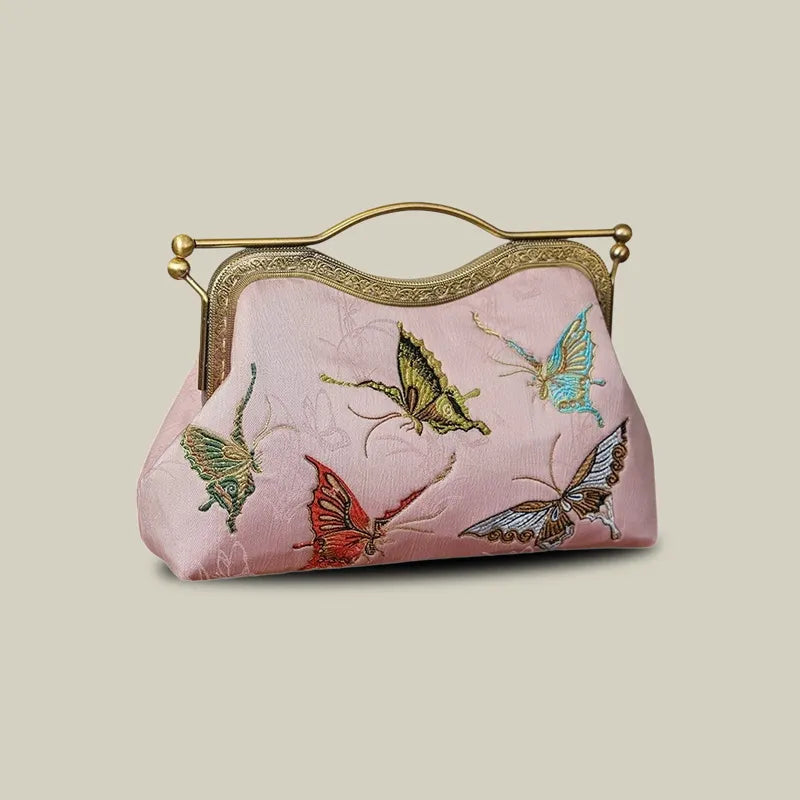Vintage Butterfly Embroidered Handbag with Metal Kiss-Lock