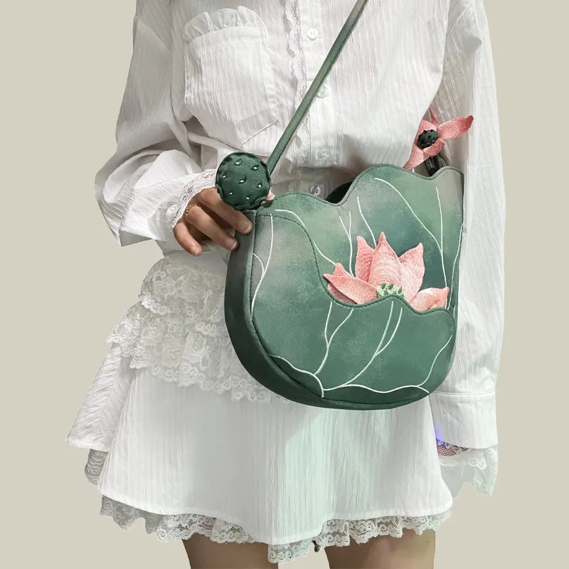 Green Lotus Embroidered Shoulder Bag