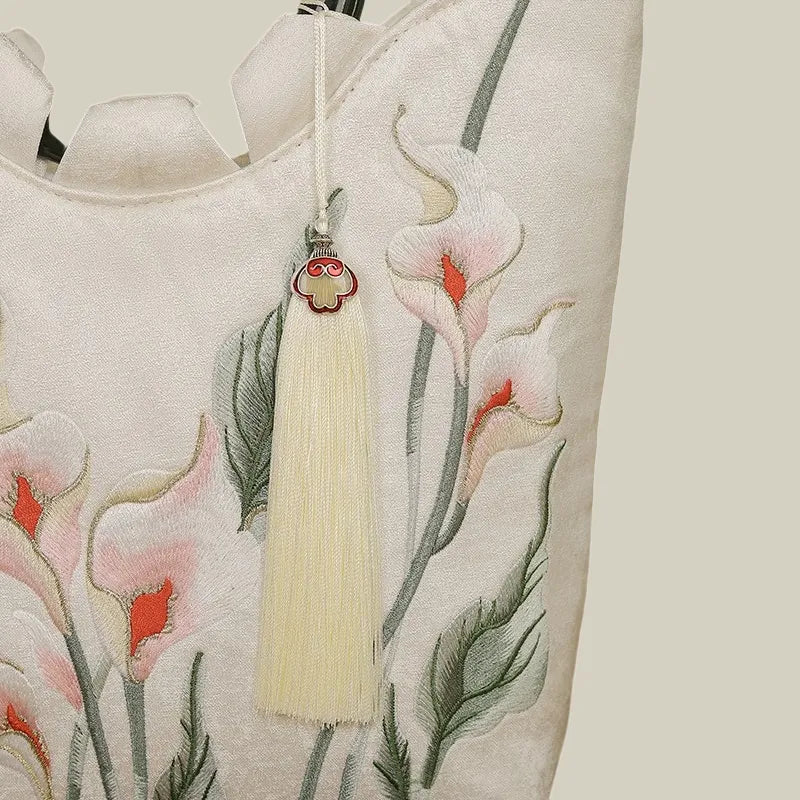Calla Lily Embroidered Tote Bag with Vintage Green Acrylic Handle