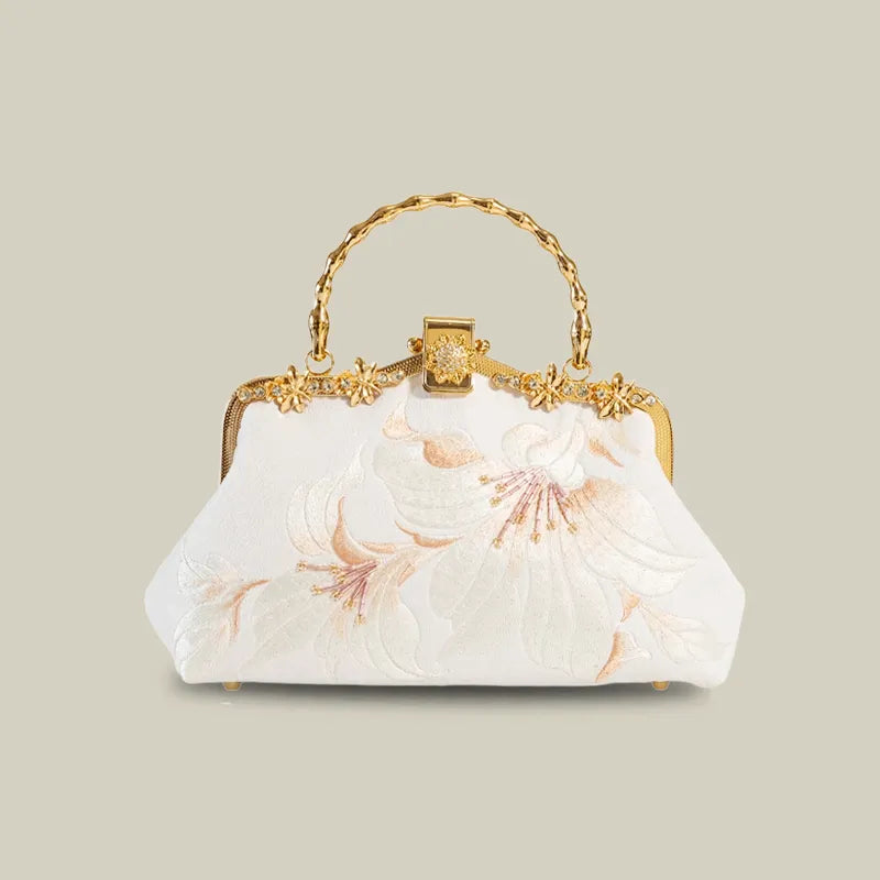 Lily Embroidered Pearl Chain Handbag with Metal Handle