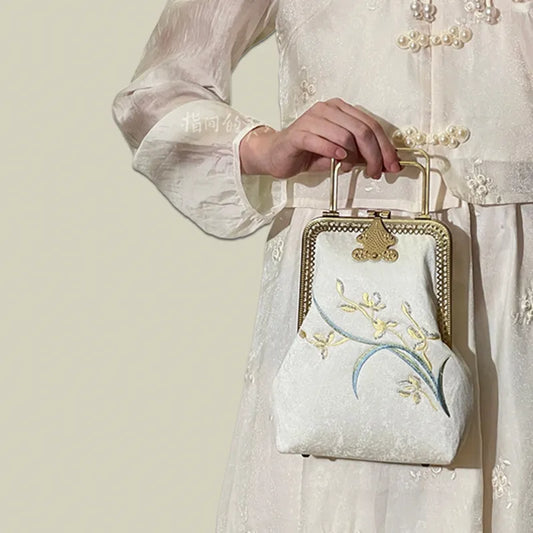 Orchid Embroidered Vintage White Evening Bag With Metal Handle