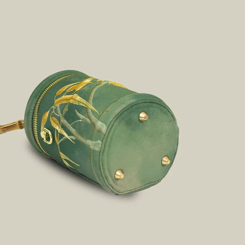Cicada Song Embroidered Green Mini Bucket Bag