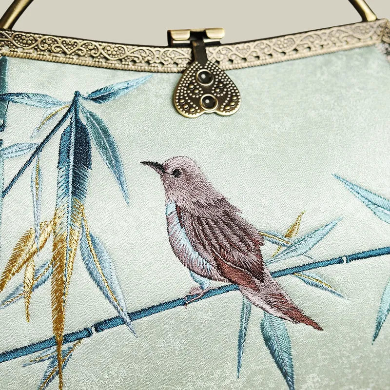 Magpie and Bamboo Embroidered Handbag with Metal Handle
