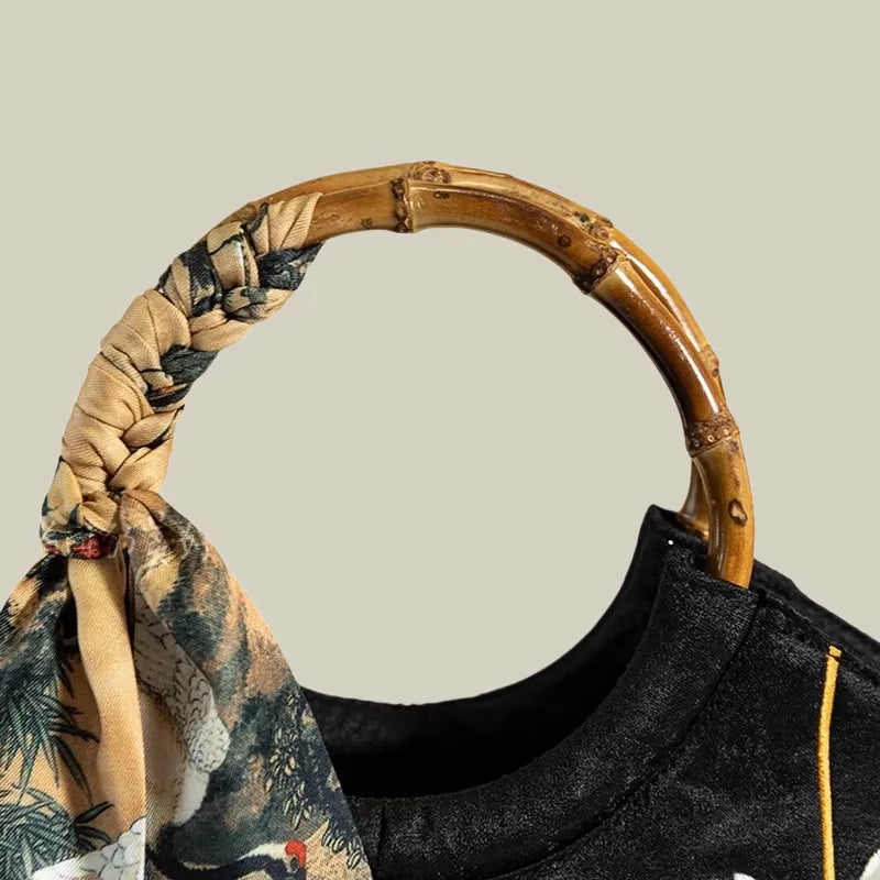 Floral Embroidered Tote Bag with Bamboo Handle & Silk Scarf